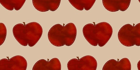 Seamless red apple pattern in watercolor and doodle style on an isolated background, kid doodle for interior wall, texture, wrapping paper and card