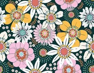 Sweet Floral seamless groovy pattern in retro style. Vintage  moodd ,Hand drawn pastel blossom Vector illustration - 766449035