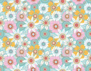 Sweet Floral seamless groovy pattern in retro style. Vintage  moodd ,Hand drawn pastel blossom Vector illustration - 766449043