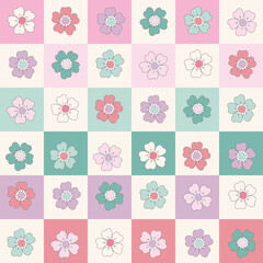 Sweet Floral seamless groovy pattern in retro style. Vintage  moodd ,Hand drawn pastel blossom Vector illustration - 766449053