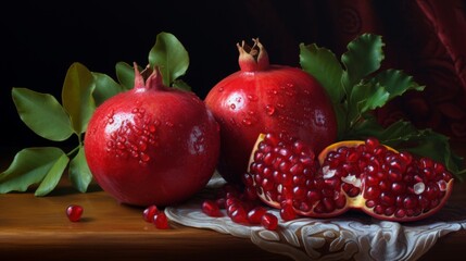 A painting of two pomegranates and a half-cut pomegranate with seeds spilling out