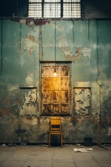 A lone chair sits in an abandoned room with a single light bulb hanging from the ceiling