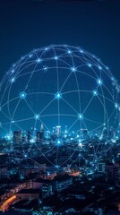 Blue and purple illustration of a city at night with a glowing blue sphere made of connected dots above it.