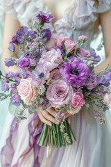 Beautiful wedding bouquet in the hands of a bride in a wedding dress