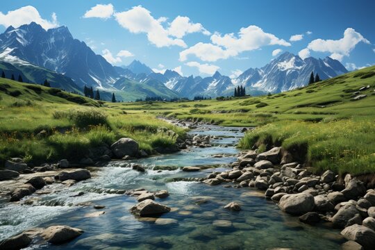 Alpine valley with river flowing through meadow