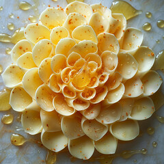 Cheese slices arranged to resemble a flower with a droplet of honey at its center