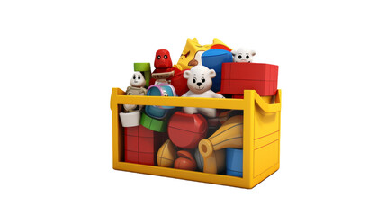 A colorful toy box overflowing with a variety of toys, including stuffed animals, dolls, cars, and building blocks