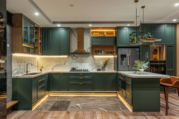 Stylish modern open plan kitchen featuring green wooden cupboards and off white marble counters