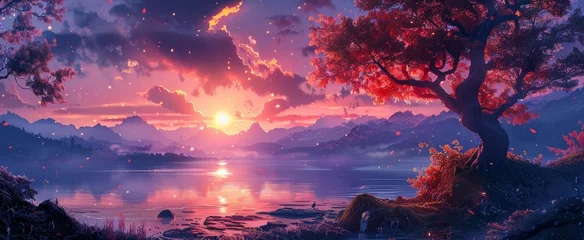 Foto op Aluminium A dreamlike landscape with a radiant sunset over a serene mountain lake, featuring a blossoming red tree and floating petals. © JackBoiler