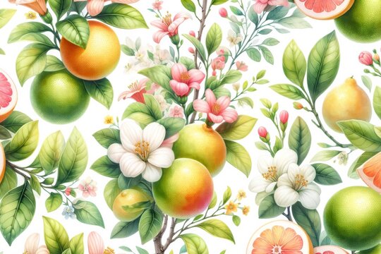 Spring Seasonal Fruits Background for backdrop wallpapers or scrapbooking journal. A vibrant depiction of spring's bounty, this image showcases grapefruit blossoms.
