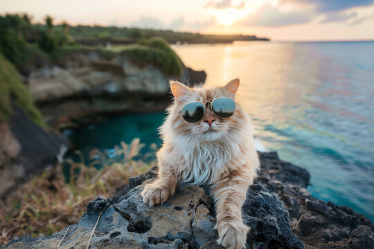 An aerial perspective of a Persian cat named Volt, taking a break on a rocky outcrop by the Bali sea, wearing stylish sunglasses, 