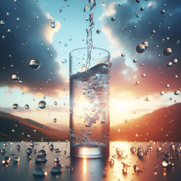 water pouring into glass and water drops in background