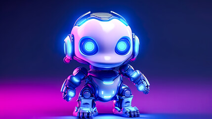 A robot with blue and white body and blue and white head
