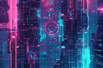 abstract futuristic cyberpunk pattern background design. neon light colors, cyber green, neon pink, electric blue. cybernetic enhancements, dystopia elements. cyberspace motion technology concept. 
