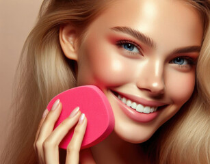 Portrait of a beautiful girl model holds a makeup sponge in her hand.