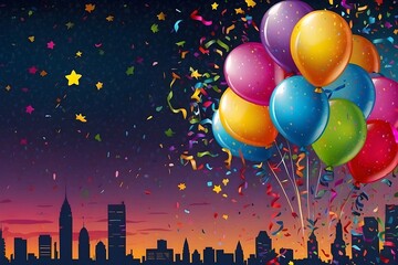 Colorful balloons, confetti, and fun party supplies celebrating in nature