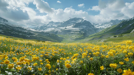 Fototapeta na wymiar A serene mountain valley covered in a blanket of yellow wildflowers, creating a stunning vista