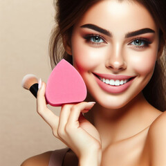 Portrait of a beautiful girl model holds a makeup sponge and brush in her hand.