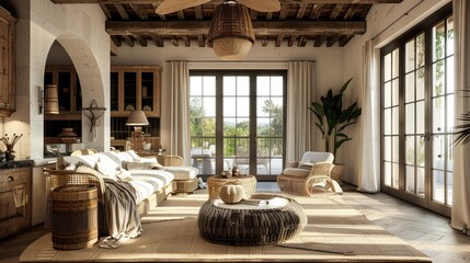 Interior design idea for a luxurious farmhouse living room with wicker chairs.