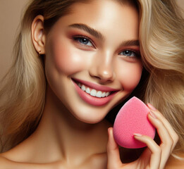 Portrait of a beautiful girl model holds a makeup sponge in her hand.