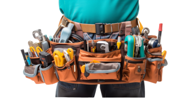 A person confidently holds a tool belt filled with various tools