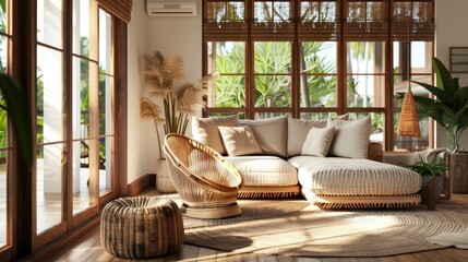 Interior design idea for a luxurious farmhouse living room with wicker chairs. - obrazy, fototapety, plakaty