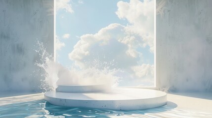 Product presentation scene. 3D room with thin platform and water mist