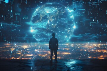 Businessman standing looking at world map graphic, wide vision, forward vision