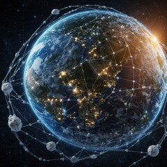 Obraz premium The earth in space with blue light streak, Global communication, Technology and futuristic concepts, 3D Rendering.