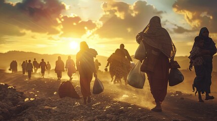World Refugee Day, people cross the border with things at sunset
