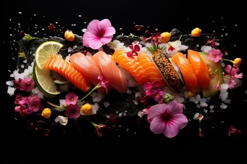 Black background with various sushi pieces and colorful flowers arranged on top.