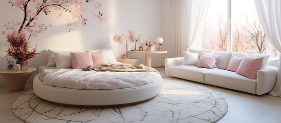 Elegant bedroom featuring a round bed and a stylish white couch for a comfortable and modern interior design