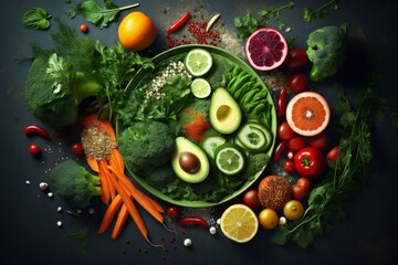 Assorted fruits and vegetables fill a bowl, showcasing a colorful and healthy mix.