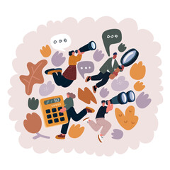 Cartoon vector illustration of Search for new employees. of Office workers different profession. Tiny People with big calculator, binocular, magnifying lens, spyglasses. Research concept, searching, c