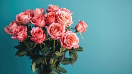 Elegant pink roses against a soft blue background, ideal for greeting cards and romantic themes.