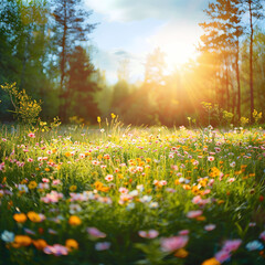 forest glade with colorful meadow and sun rays 