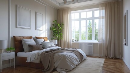 White and Brown Master Bedroom Idea with Window