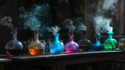 A gothic-style table with flasks casting enchanting shadows, filled with potions in obsidian, ruby red, sapphire blue, emerald green, and silver mist, isolated on a black background