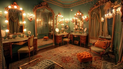 Fototapeta na wymiar Imagine an opulent dressing room filled with vintage furniture, ornate mirrors, and soft, glowing lights, 