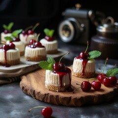 Mini cheesecakes topped with fresh cherries and a dollop of whipped cream.
