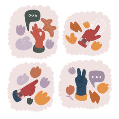 Cartoon vector illustration of hands in different gestures emotions and signs. Ok, point to, touching, peace sign