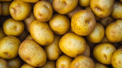 A stack of potatoes showing blemishes and brown spots.