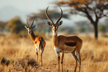 a couple of antelope standing next to each other on a dry grass field with trees in the background. - obrazy, fototapety, plakaty