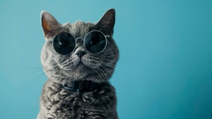 Close-up of a gray British cats face, looking cool in sunglasses on blue background