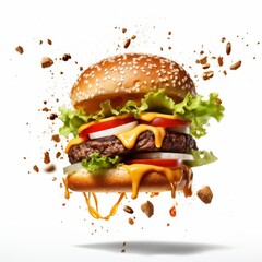 A hamburger with lettuce, tomato, and cheese flying through the air.