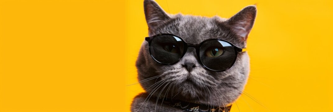 Close-up of a gray British cats face, looking cool in sunglasses on yellow background