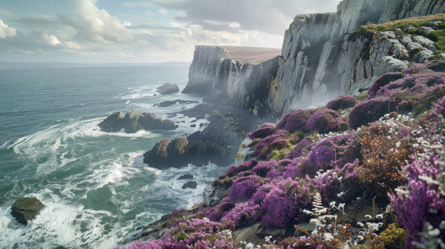 A breathtaking coastal cliffside adorned with vibrant purple heather and towering above crashing waves