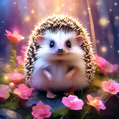 Cute prickly hedgehog sits on a stump among bright flowers in the forest