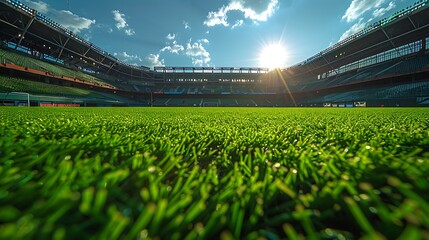 Beautiful green grass in the middle of an empty soccer stadium