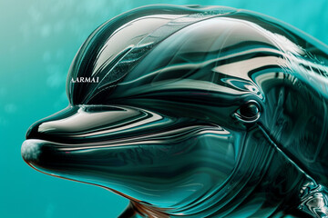 A close-up image of an anthropomorphic dolphin, wearing an Armani swim cap, against a vivid aqua...